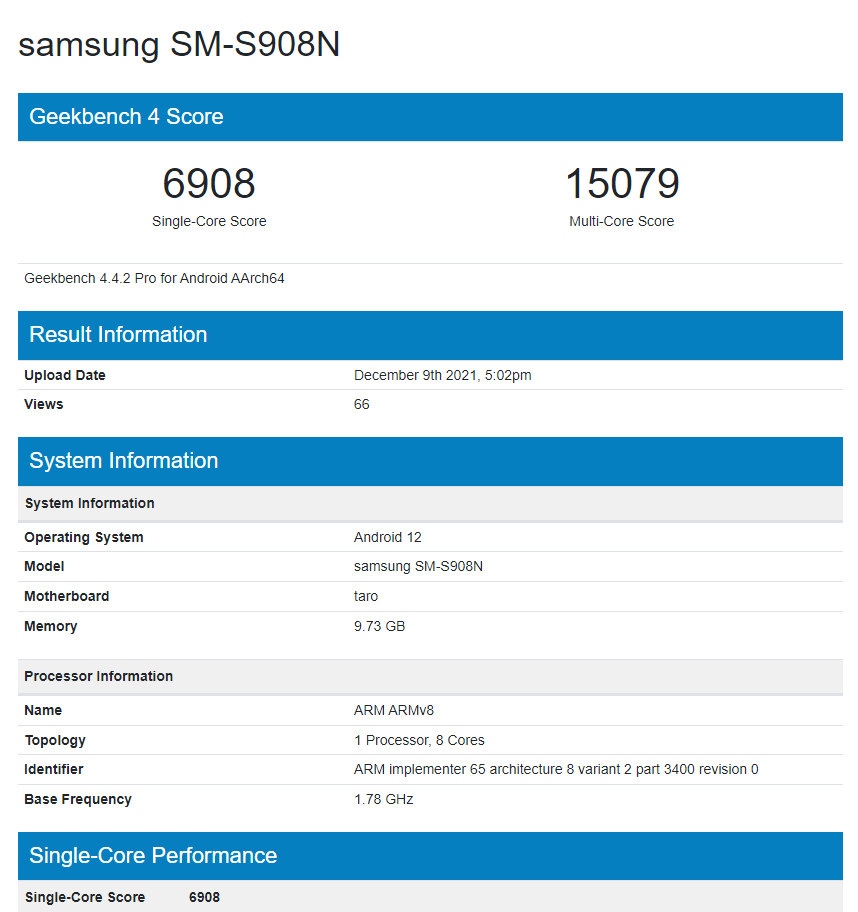三星 Galaxy S22 Ultra 在 Geekbench 曝光:8/12GB 內存,跑分超驍龍 888
