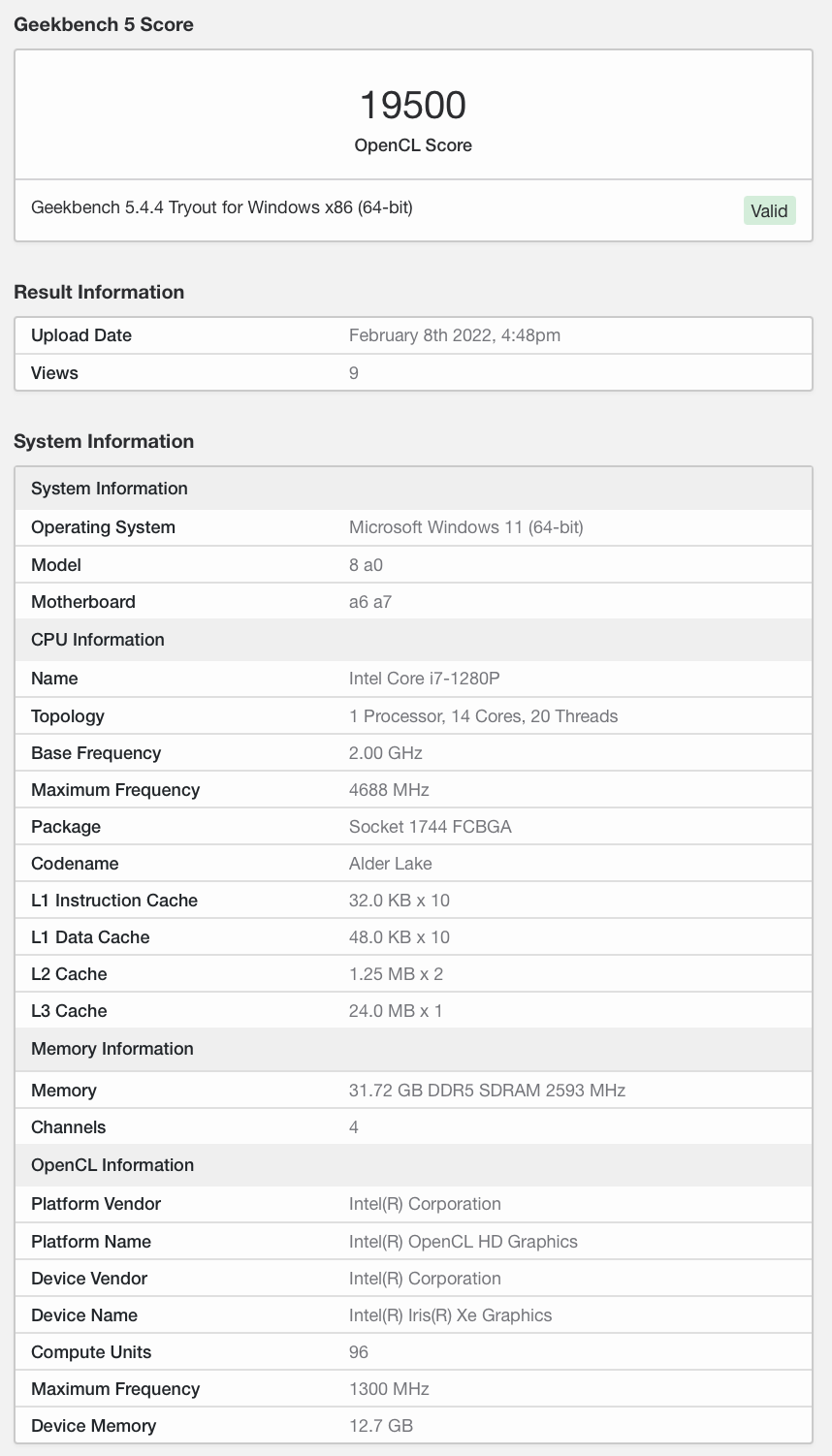 英特爾 i7-1280P 核顯跑分出爐，LPDDR5-5200 內存加持