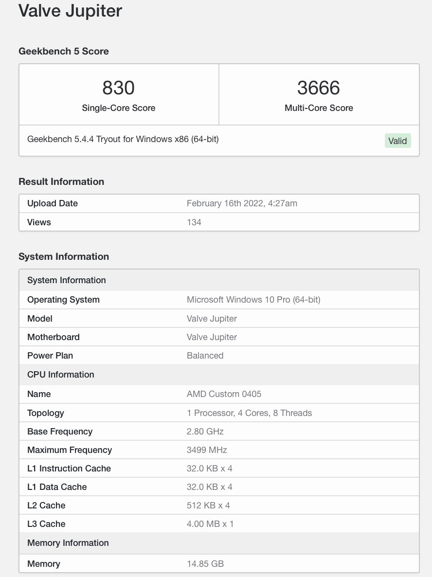 Steam Deck 掌機現身 Geekbench：CPU 性能類似 R7 3700U