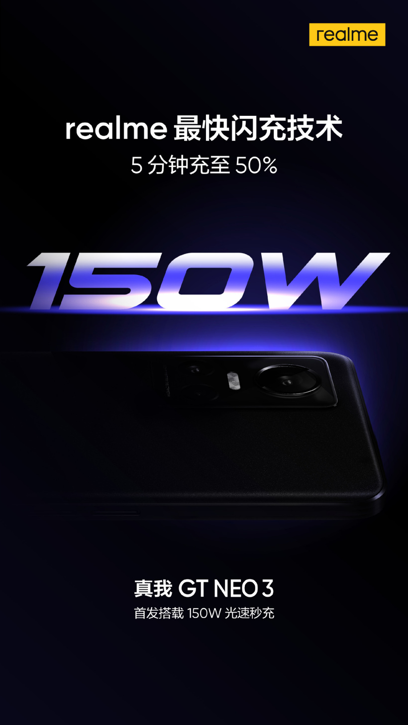 realme 真我 GT Neo3 全球首發 150W 光速秒充：5 分鐘充至 50%