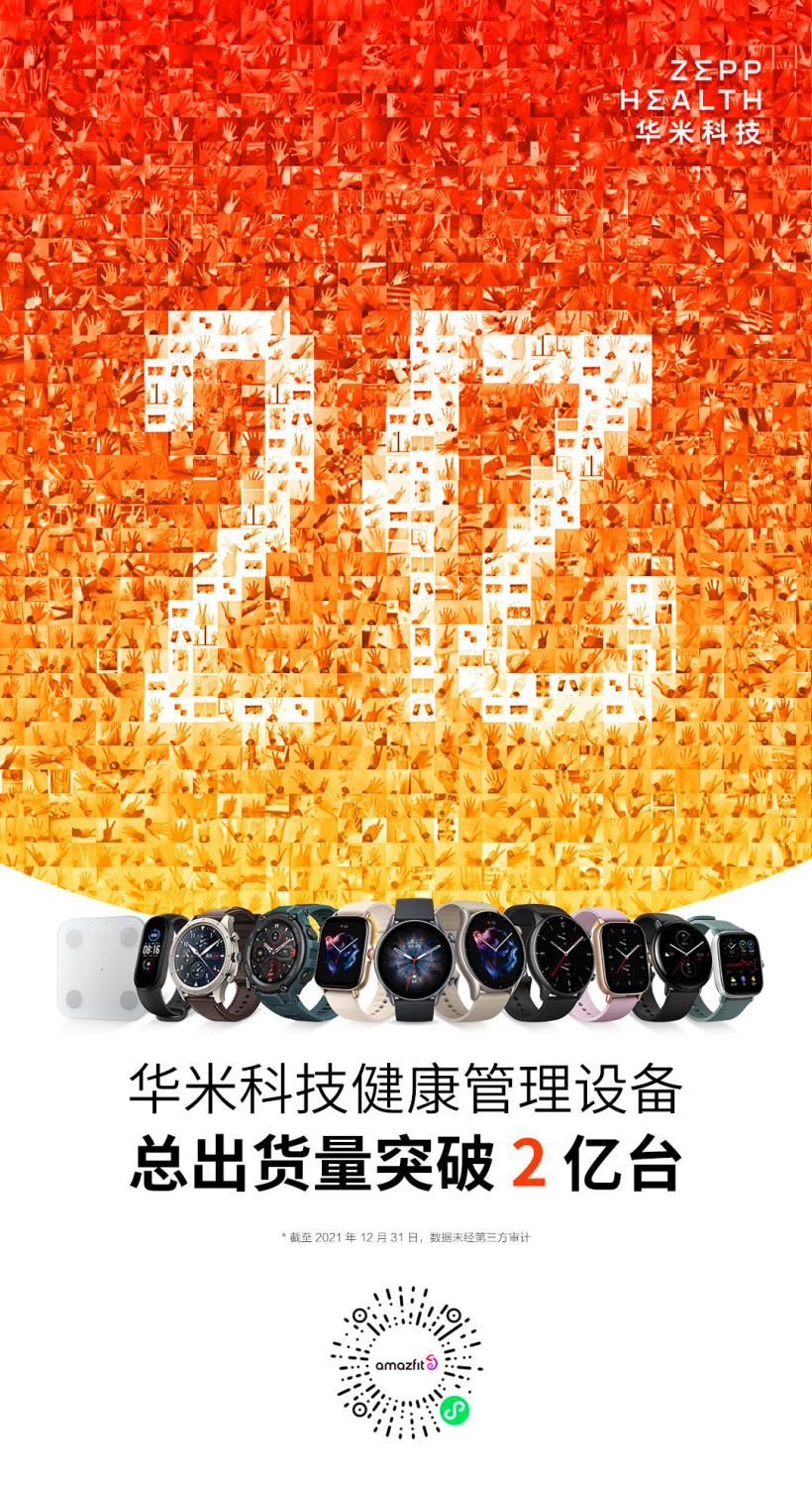 華米：智能設(shè)備全球累計(jì)出貨量突破 2 億臺(tái)