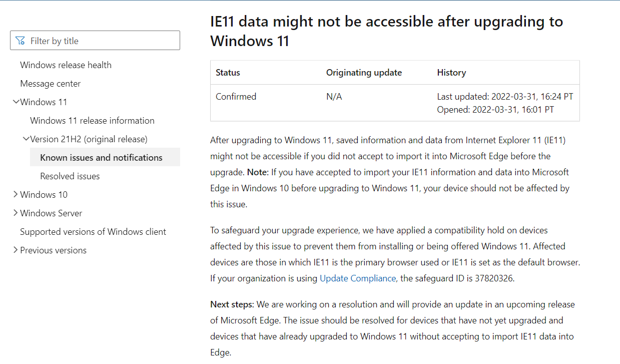 微軟：IE 瀏覽器用戶注意，Win10 升級 Win11 出現 Bug，可能會丟失數據